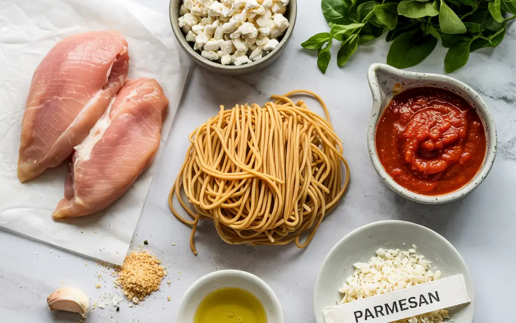 Ingredients for High-Protein Chicken Parmesan Pasta including chicken, chickpea pasta, parmesan, and marinara sauce