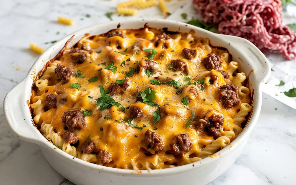 High-protein cheeseburger casserole fresh from the oven