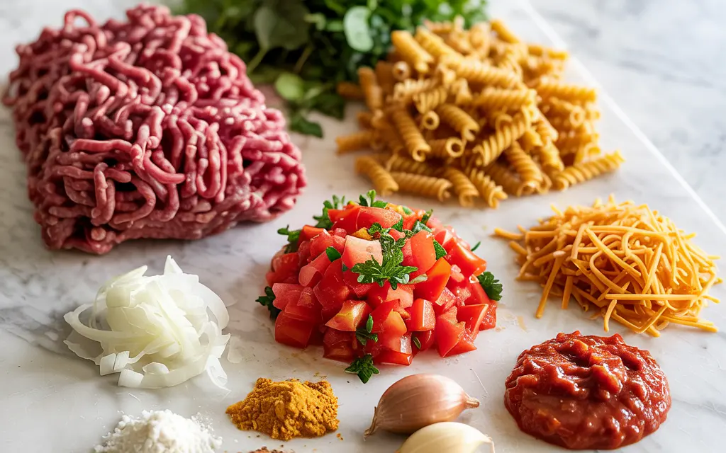 Ingredients for high-protein cheeseburger casserole