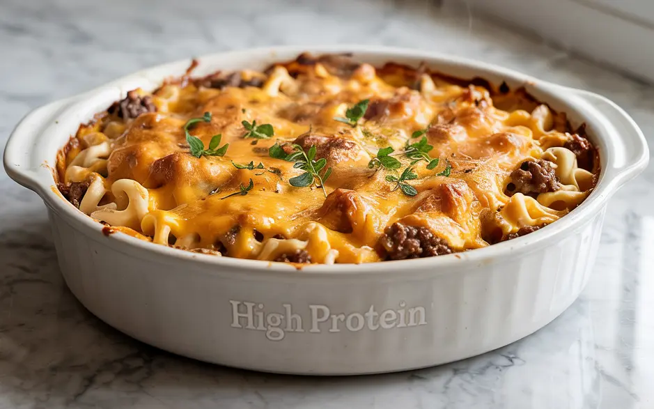 Recipe card image for high-protein cheeseburger casserole