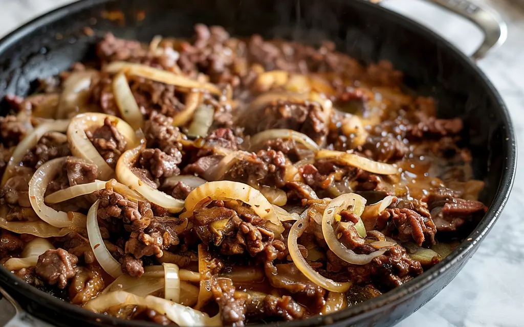 Cooking ground beef and onions for cheeseburger casserole