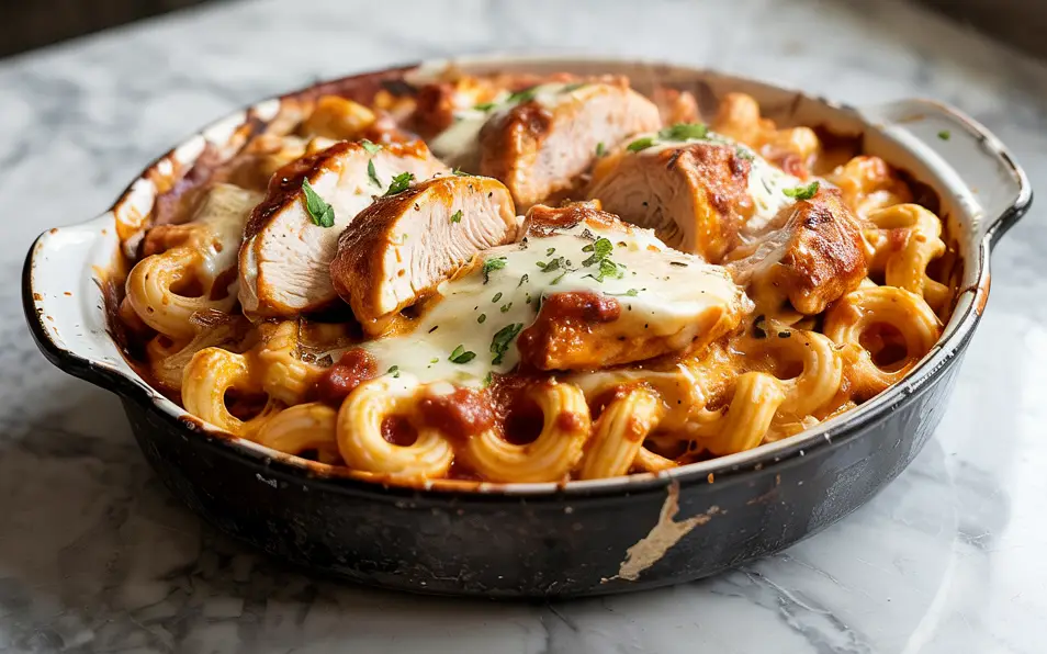 Baked High-Protein Chicken Parmesan Pasta with melted cheese in a casserole dish
