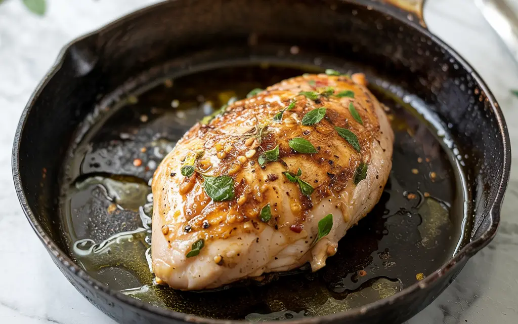 Chicken breast searing in a skillet for High-Protein Chicken Parmesan Pasta