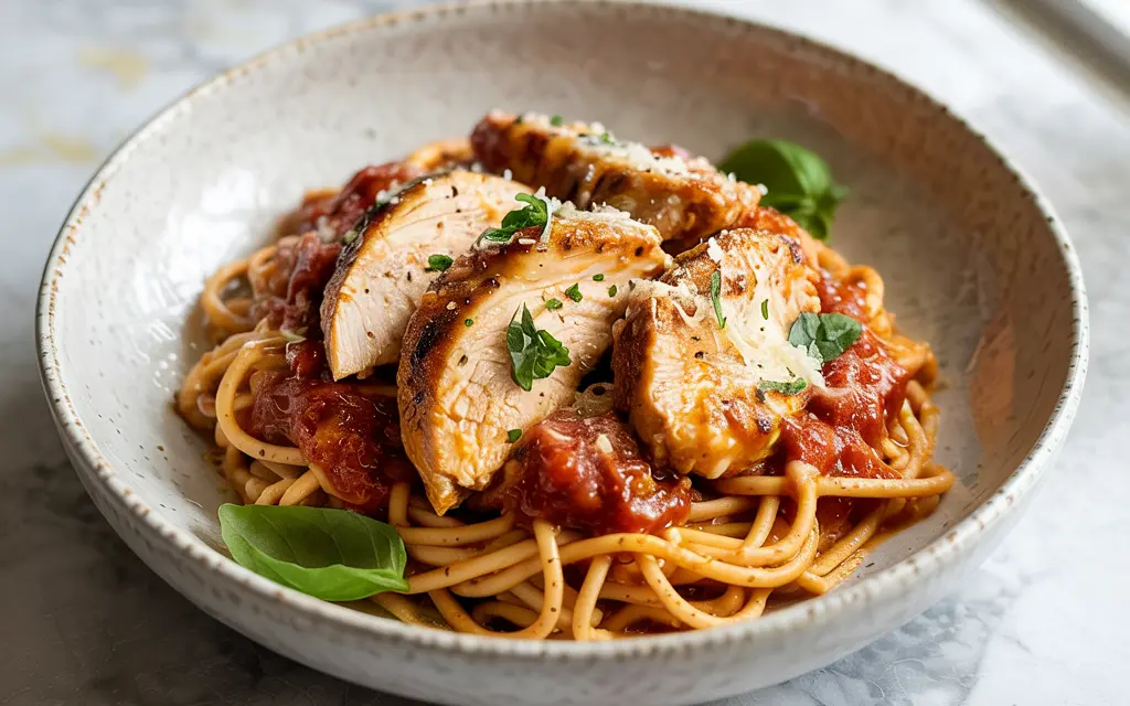 High-Protein Chicken Parmesan Pasta served in a bowl with marinara and seared chicken
