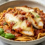 High-Protein Chicken Parmesan Pasta plated with marinara, grilled chicken, and melted cheese