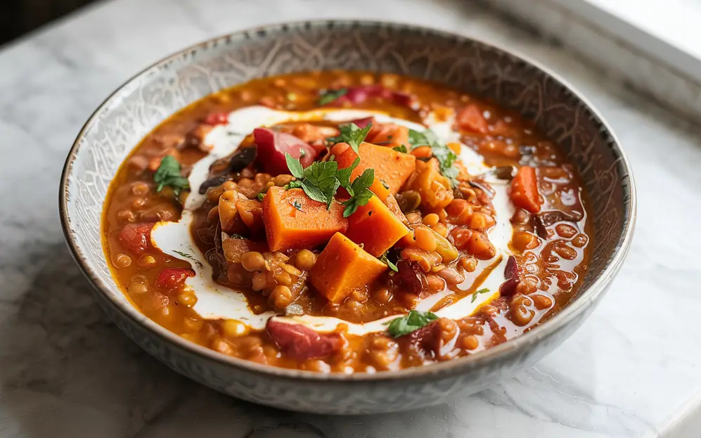 Slow cooker vegetarian protein stew with lentils and sweet potatoes