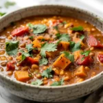 Final bowl of creamy slow cooker vegetarian lentil stew ready to eat