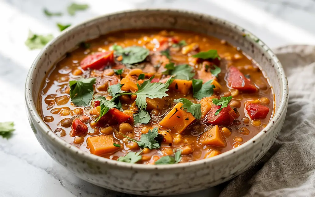 Final bowl of creamy slow cooker vegetarian lentil stew ready to eat