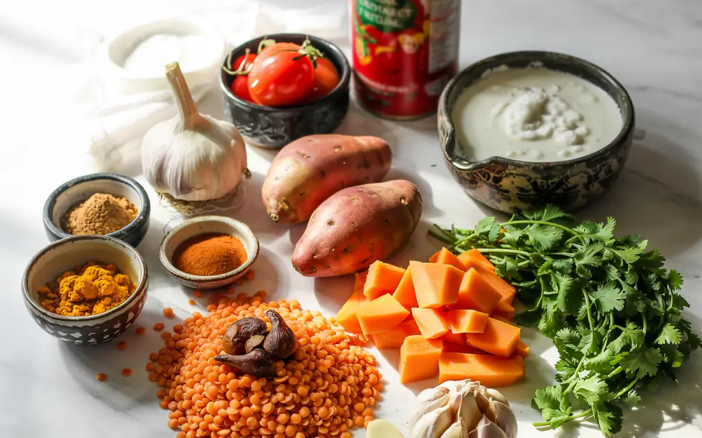 Raw ingredients for creamy coconut lentil stew on white marble