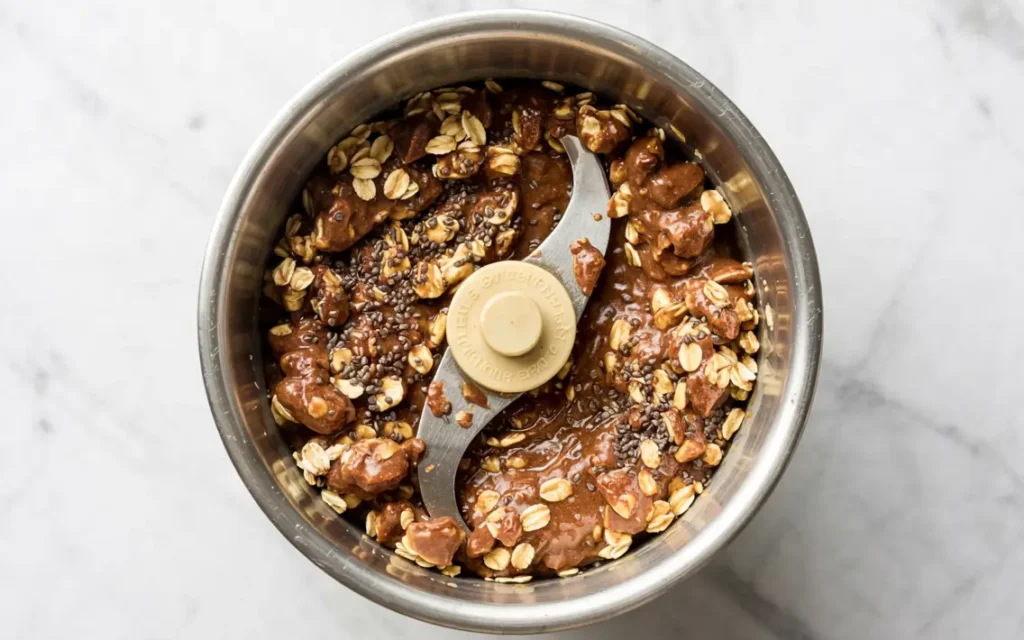 Chocolate chia bar mixture inside food processor