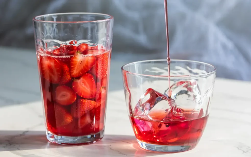 Strawberry Dragon Fruit Mocktail with muddled strawberries and dragon fruit syrup pouring over ice