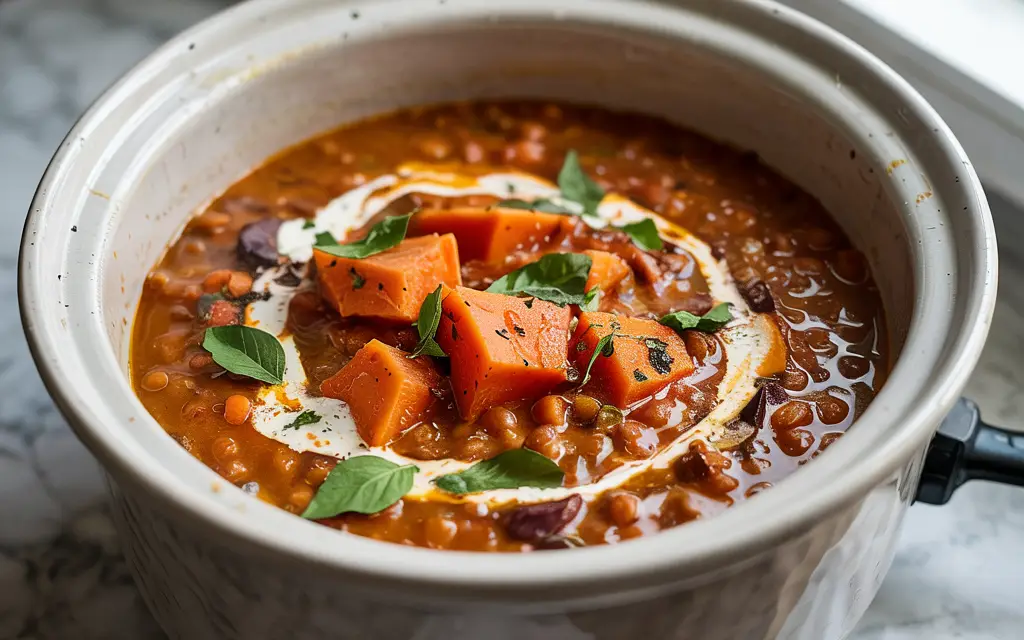 Coconut lentil stew cooking in a slow cooker with visible sweet potatoes and lentils