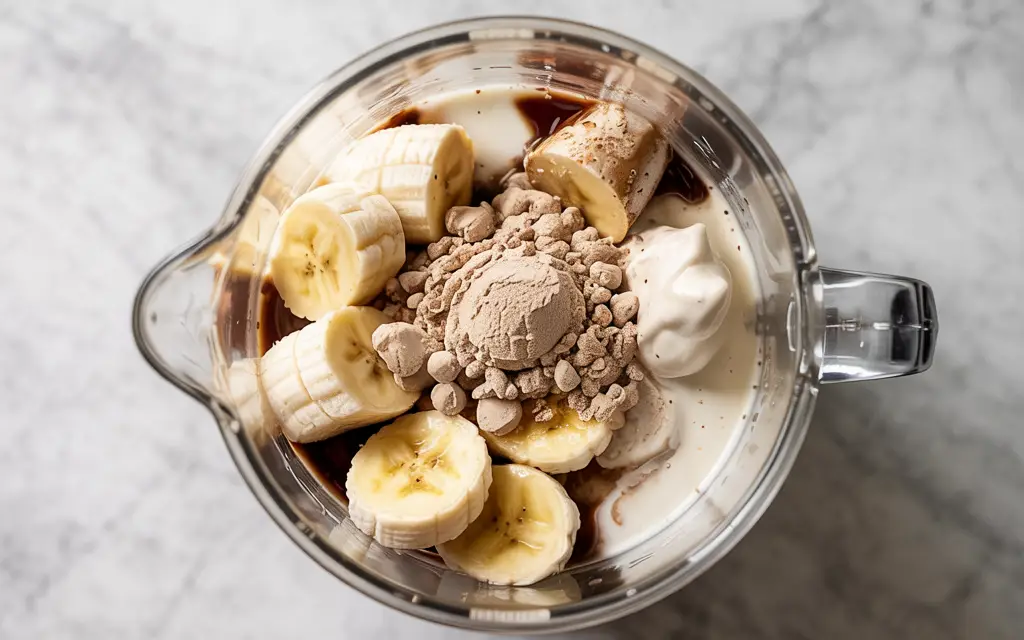Banana Boat Smoothie ingredients in blender before mixing