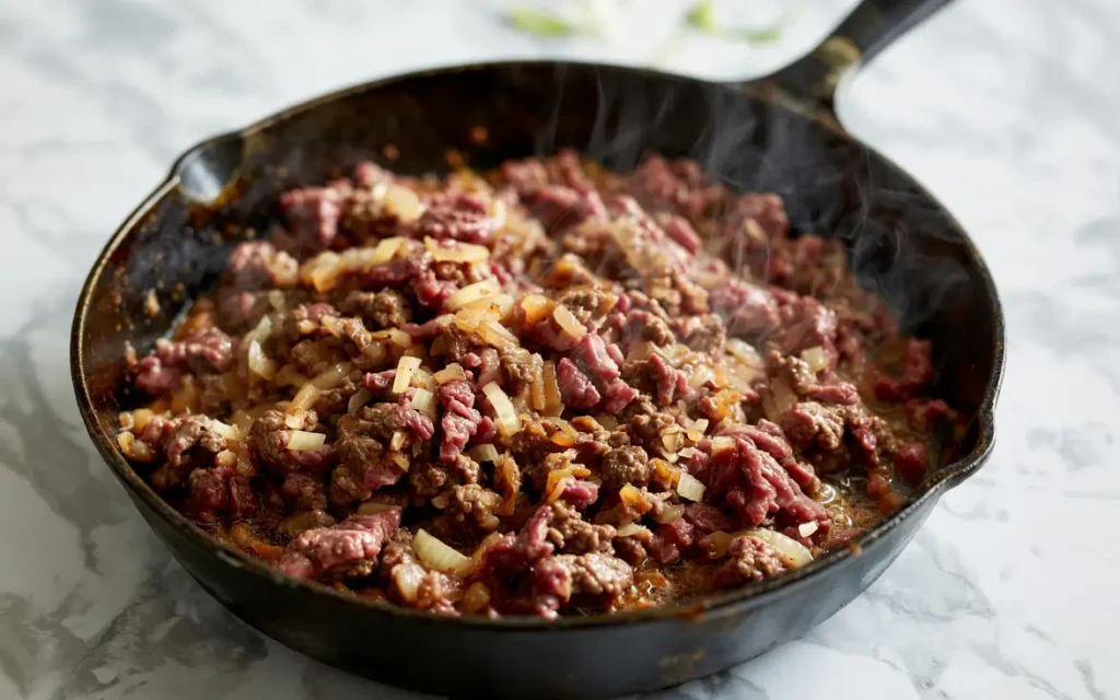 Browning ground beef with onions for the slow cooker casserole