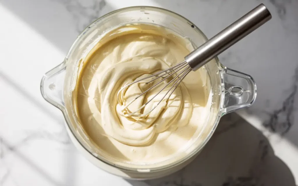 Creamy cottage cheese cheesecake filling mixture in a blender