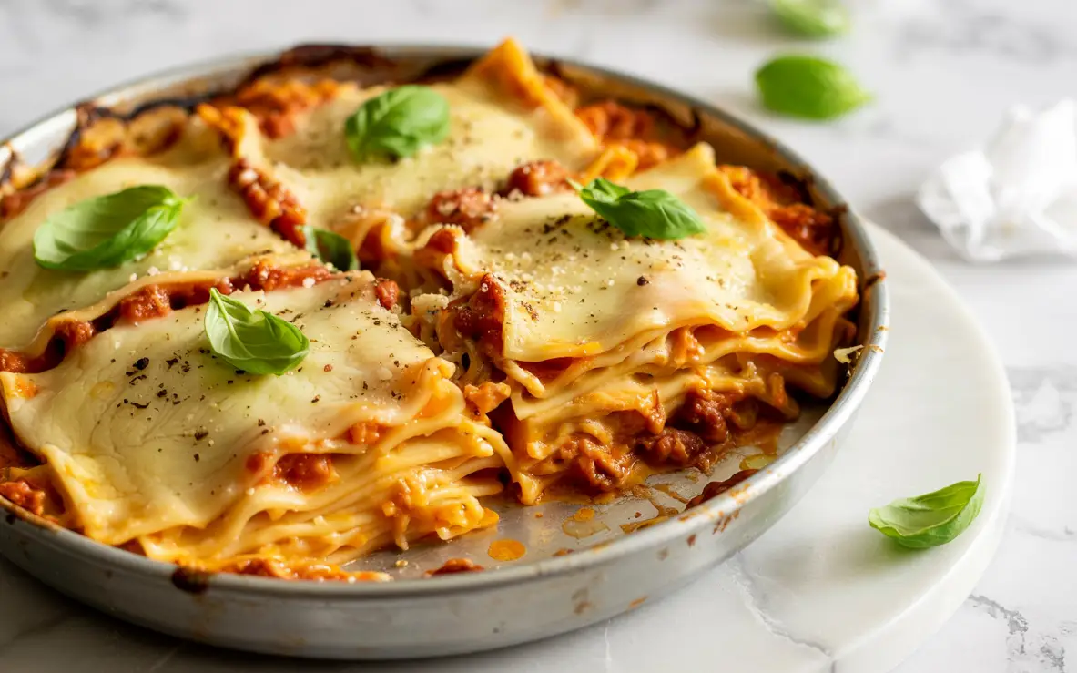 Cheesy lasagna sheets recipe in rustic casserole dish
