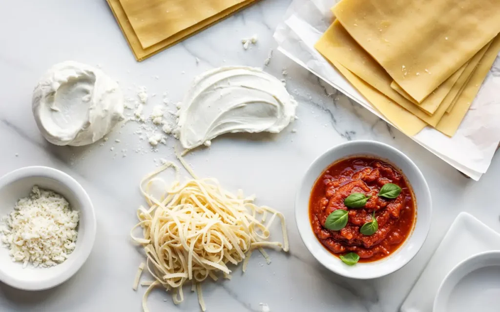 ngredients for cheesy lasagna sheets recipe laid on kitchen counter