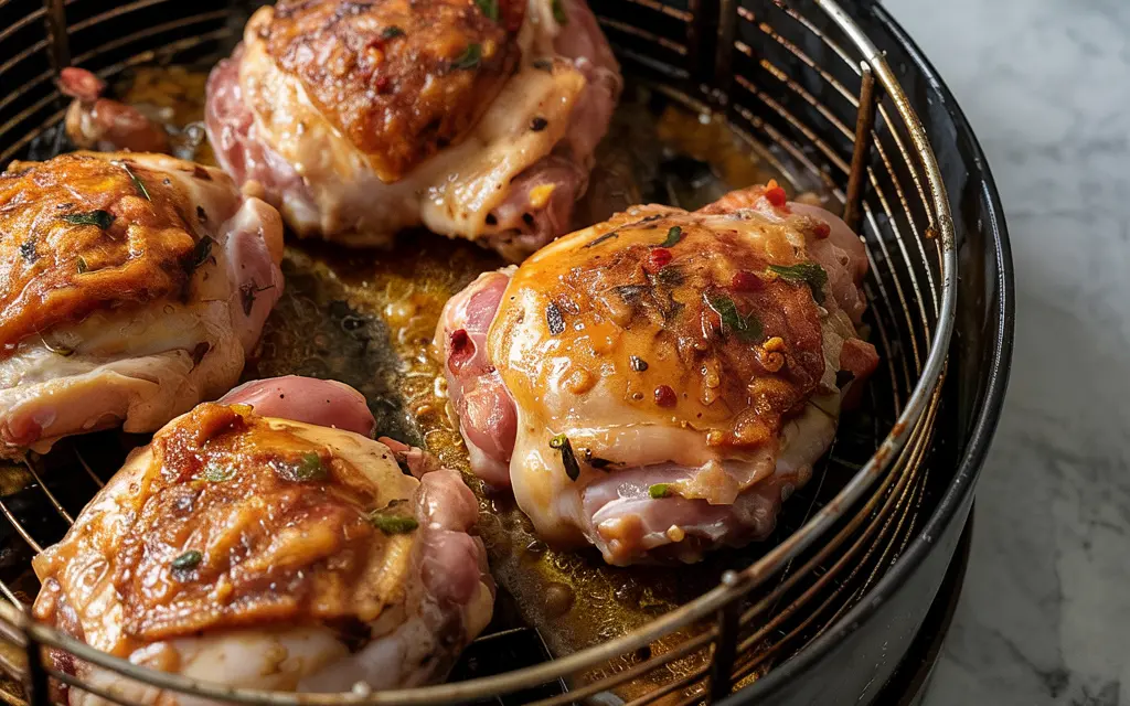 Chicken thighs crisping in air fryer basket with seasoning