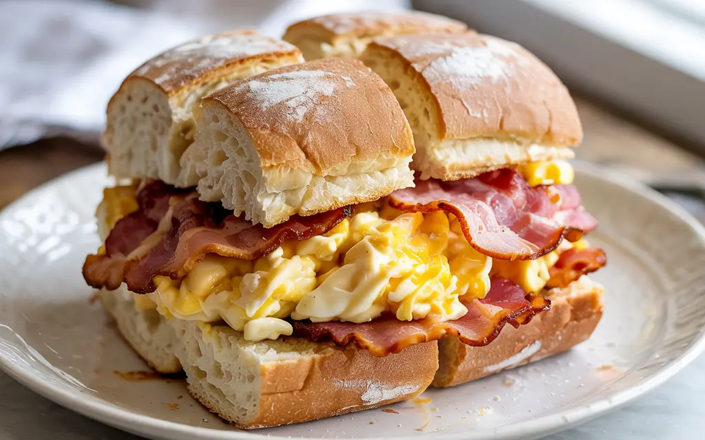 Traditional bacon and egg sandwich on a roll, part of a high-protein cloud bread breakfasts.
