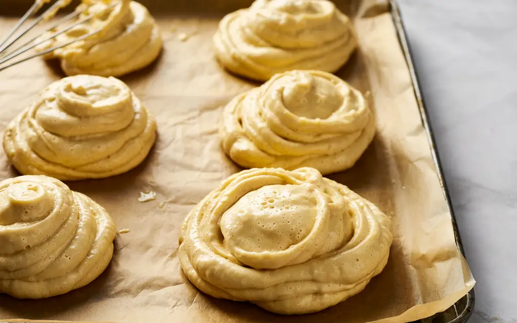 Cloud bread batter piped onto parchment before baking