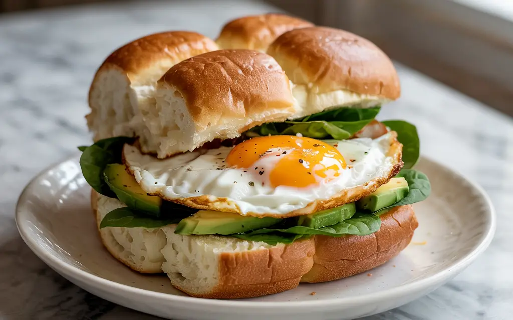 Cloud bread sandwich with sunny-side egg, avocado and greens