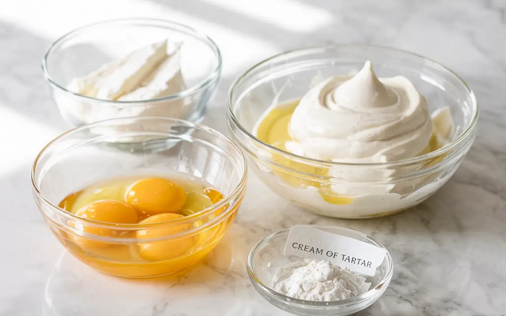 Cloud bread ingredients including eggs, cream cheese, and cream of tartar