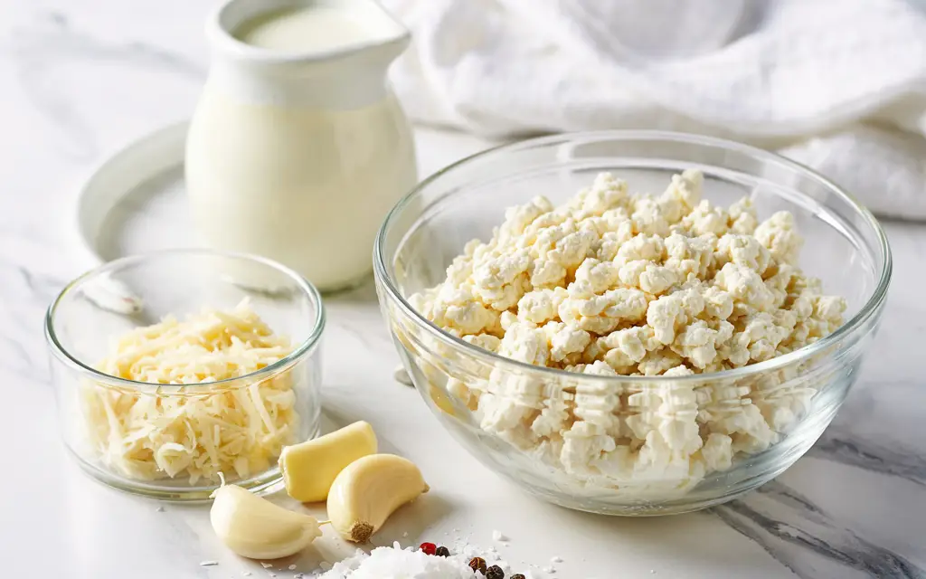 Ingredients for cottage cheese Alfredo sauce on white marble