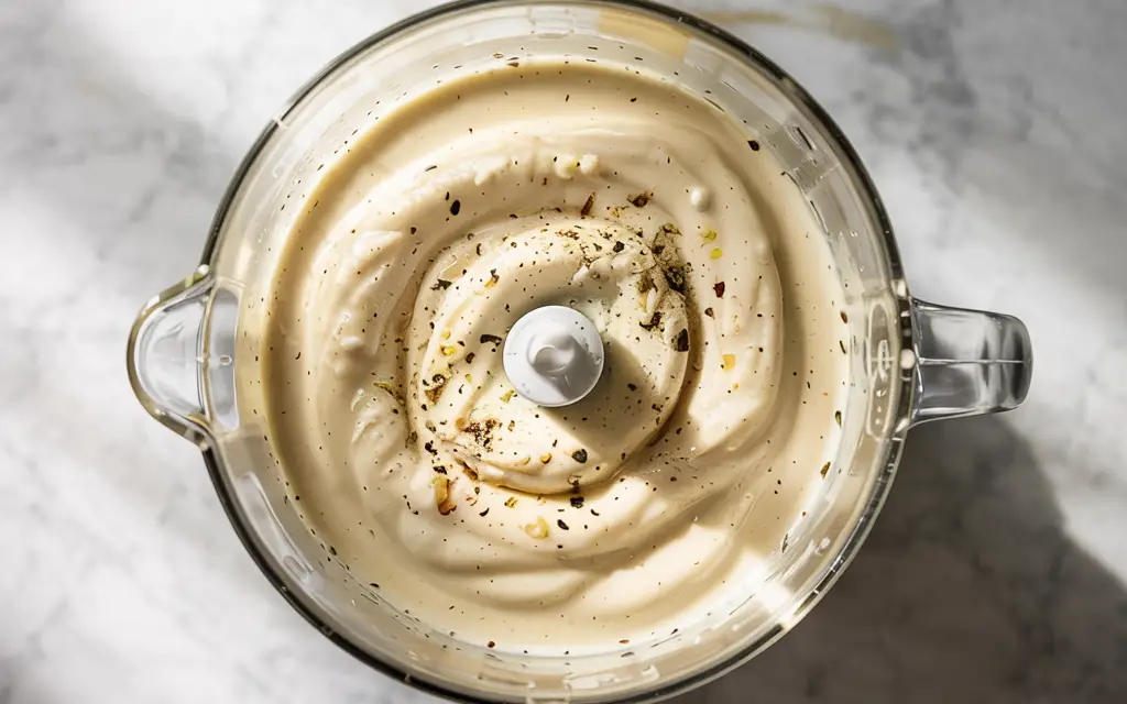 Blended creamy Alfredo sauce in blender with black pepper