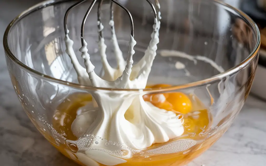 Whipping egg whites and yolks in glass bowl for fluffy sandwich