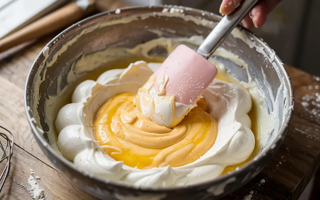 Folding yolk mixture into whipped egg whites with spatula