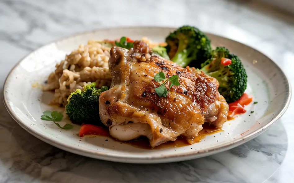 Crispy high-protein air fryer chicken thigh served with broccoli and rice