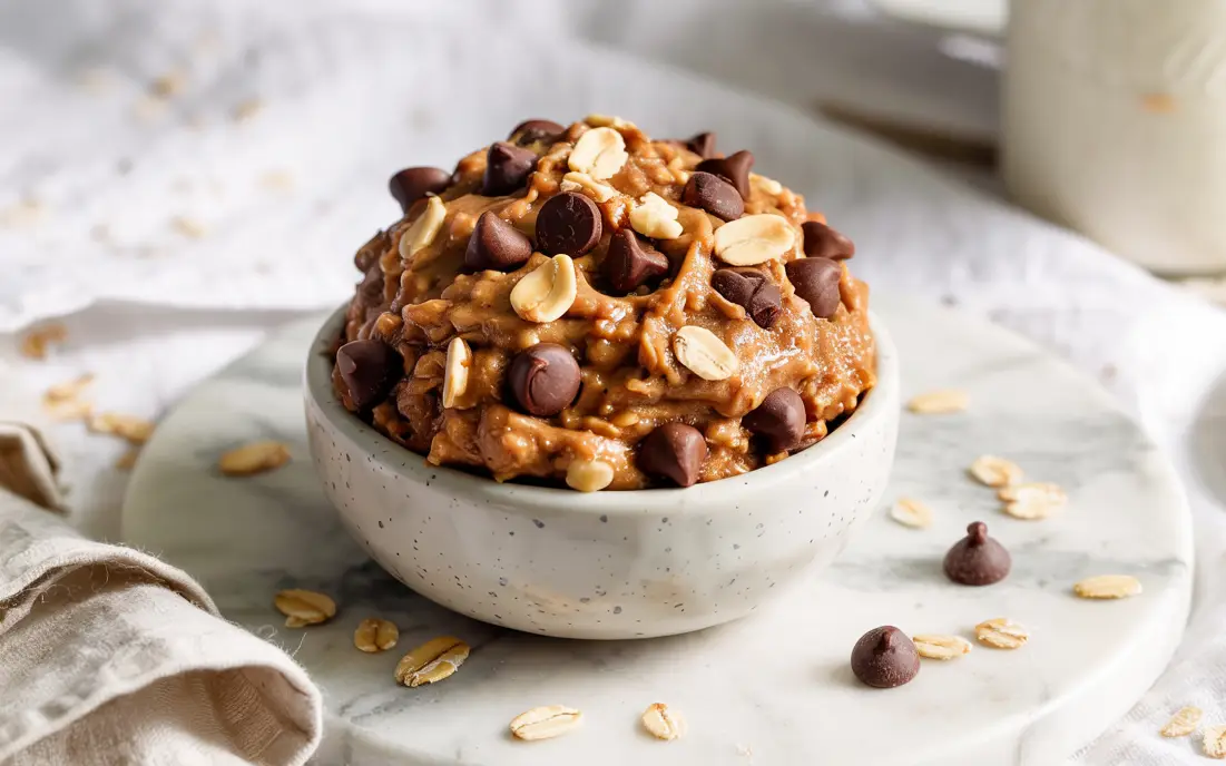 close-up of high protein cookie dough with oats and chocolate chips