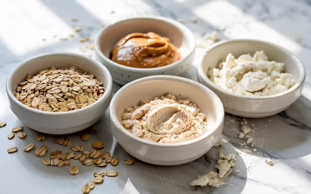 ingredients for high protein cookie dough in white bowls