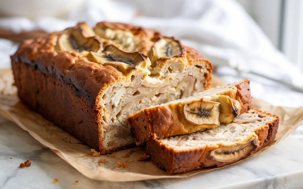 high protein cottage cheese banana bread on rustic kitchen table
