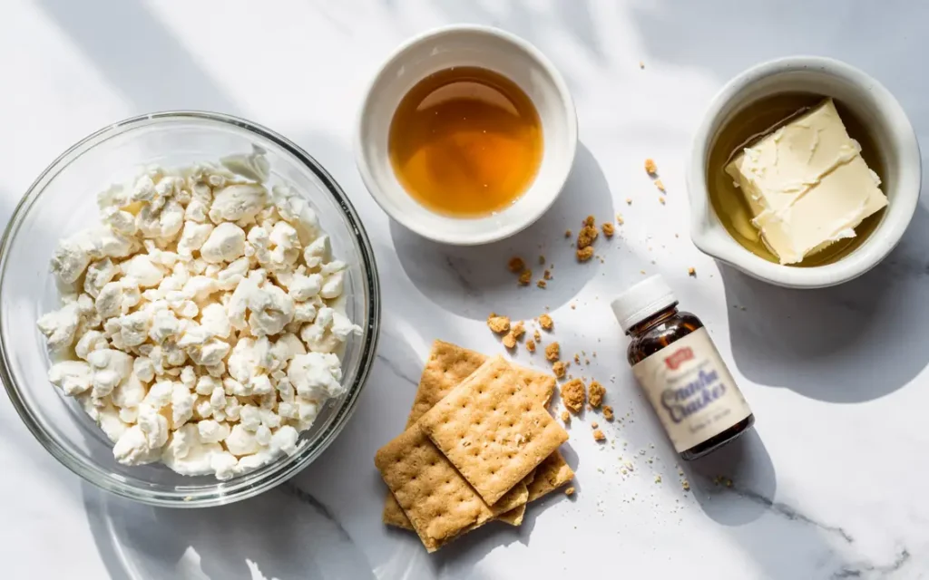 Basic ingredients for no-bake cheesecake: cottage cheese, graham crackers, butter