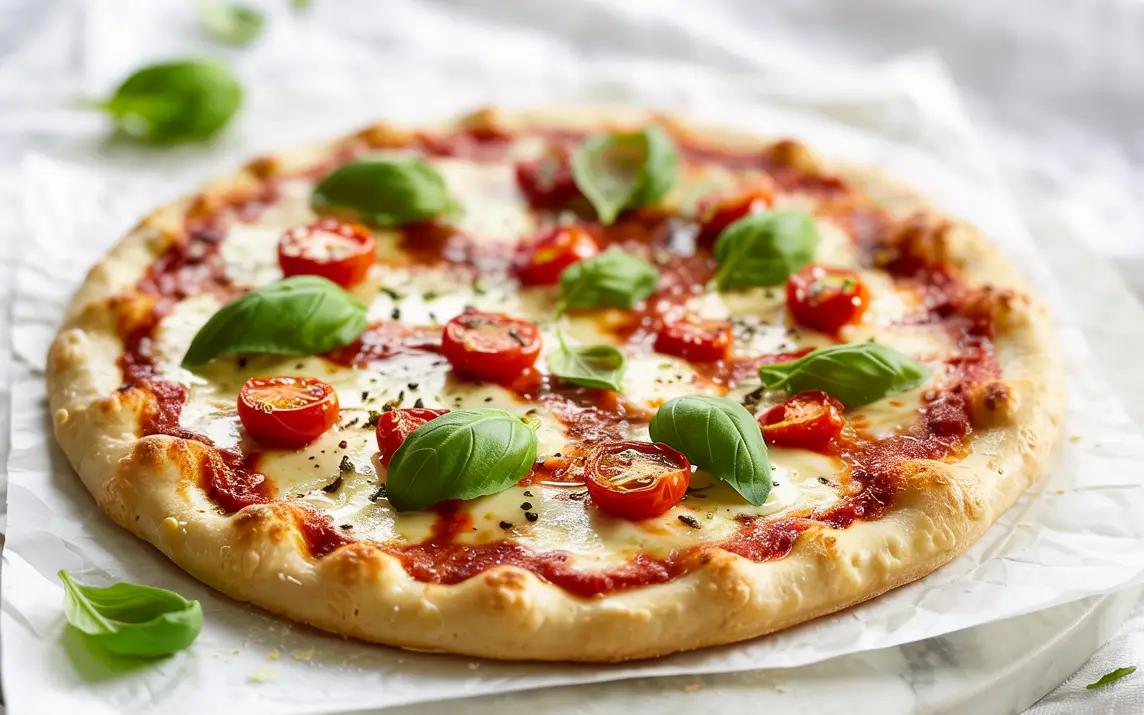 Keto cottage cheese pizza crust topped with basil and tomatoes