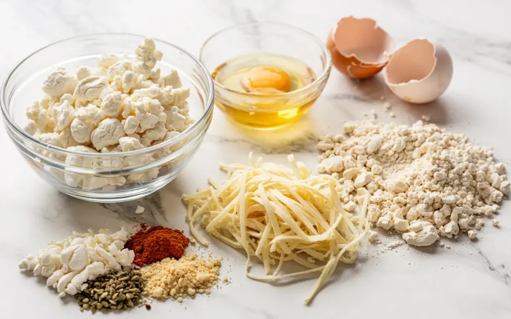 Ingredients for keto cottage cheese pizza crust on marble counter