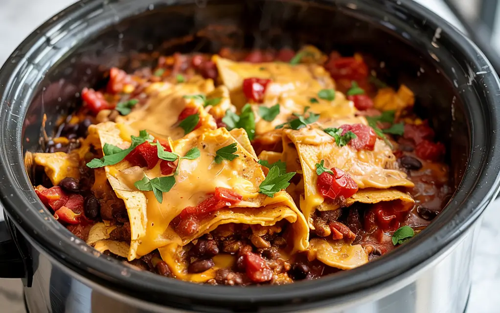 Layering ingredients into the slow cooker for casserole
