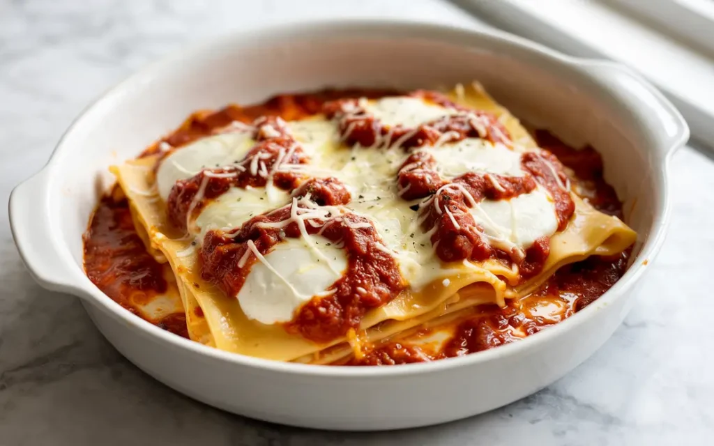 Assembling cheesy lasagna sheets with sauce and cheese