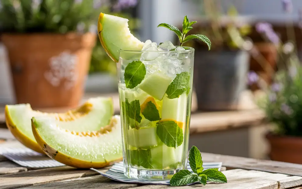 Mint Melon Mojito Mocktail in a tall glass with melon chunks, mint leaves, and ice, with melon slices on the side on a wooden surface.