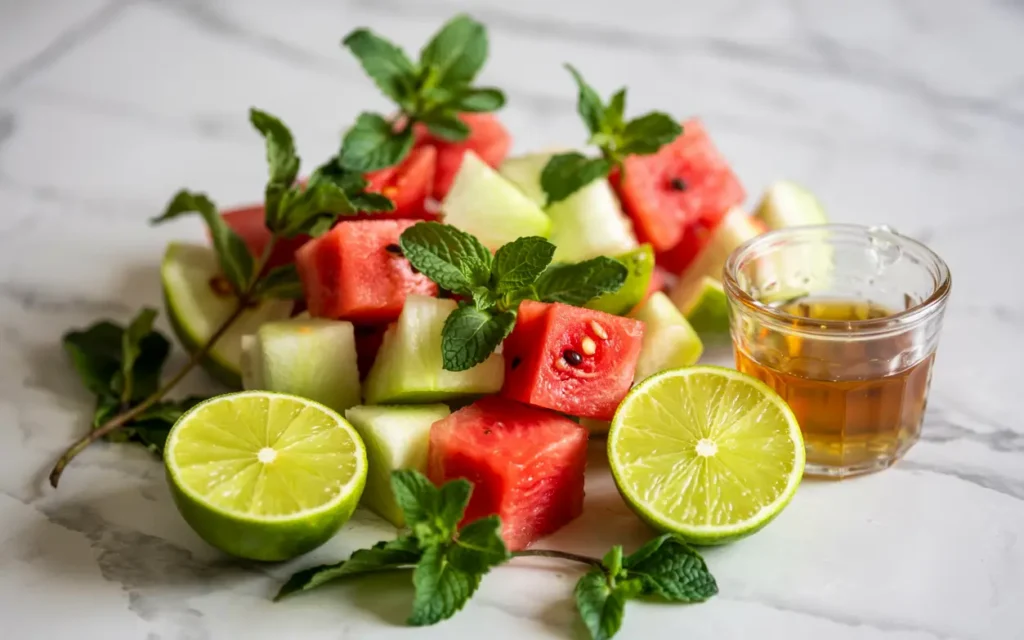 Mint Melon Mojito Mocktail ingredients on marble