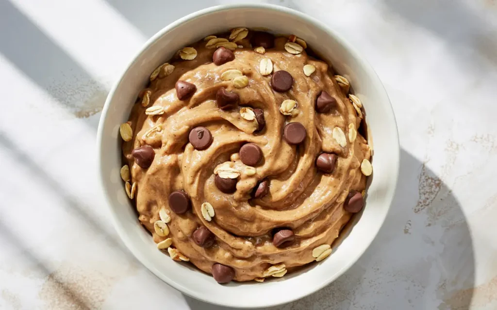 mixing high protein cookie dough in a white bowl