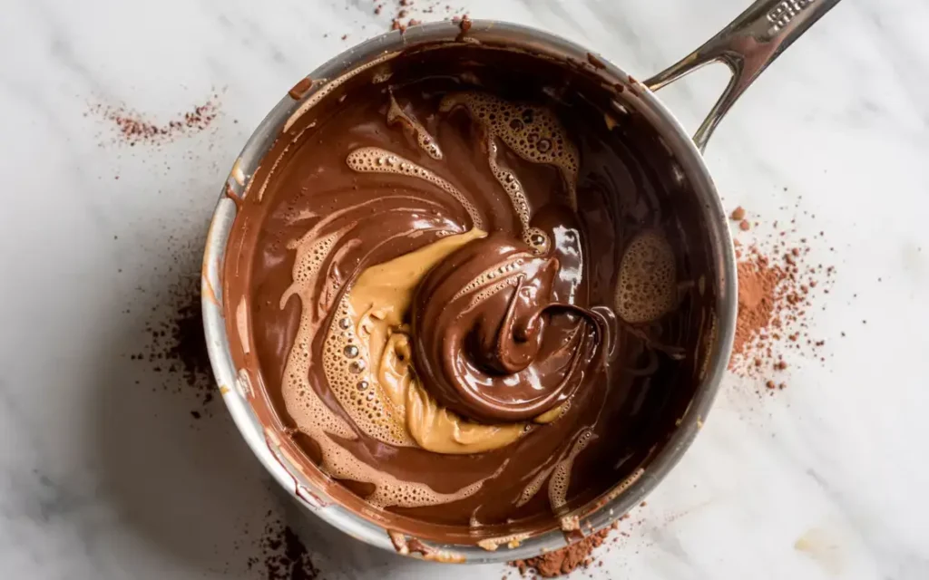 Chocolate and peanut butter mixture for No-Bake cookies in saucepan