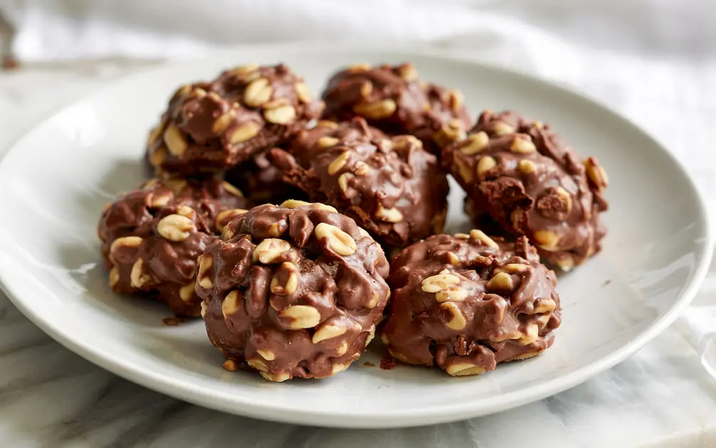 Close-up of homemade No-Bake chocolate peanut butter cookies on marble