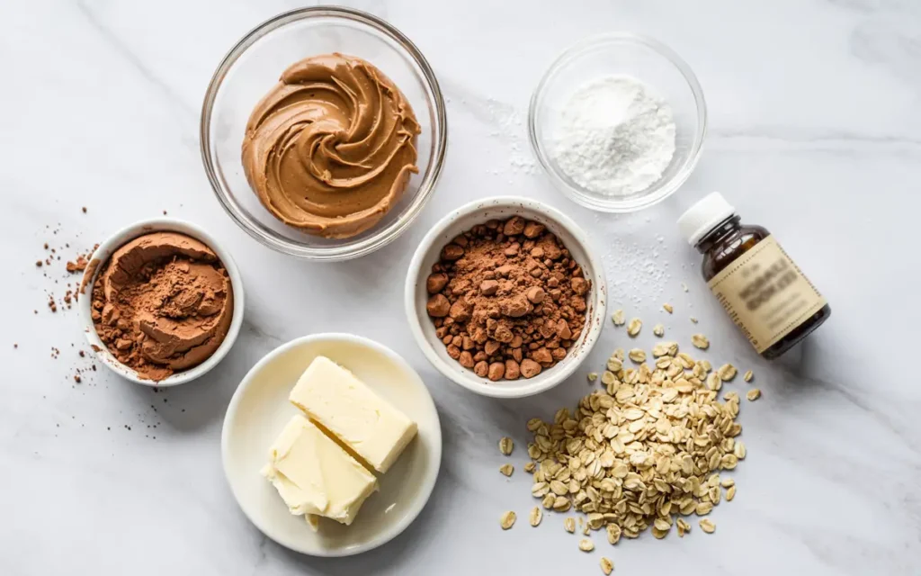 Ingredients for No-Bake chocolate peanut butter cookies laid out on marble