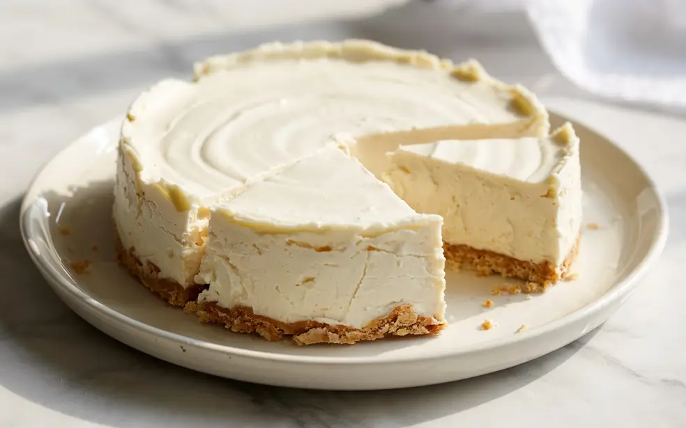 Whole no-bake cottage cheese cheesecake with cut slice, creamy texture