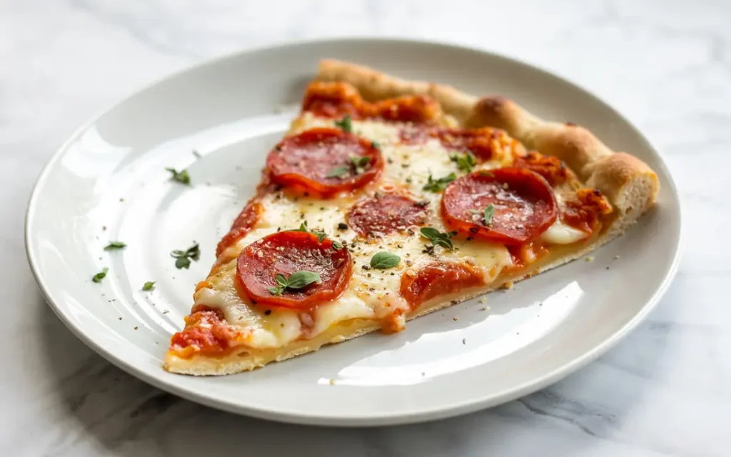Slice of pepperoni pizza on a white plate, possibly a keto cottage cheese pizza crust
