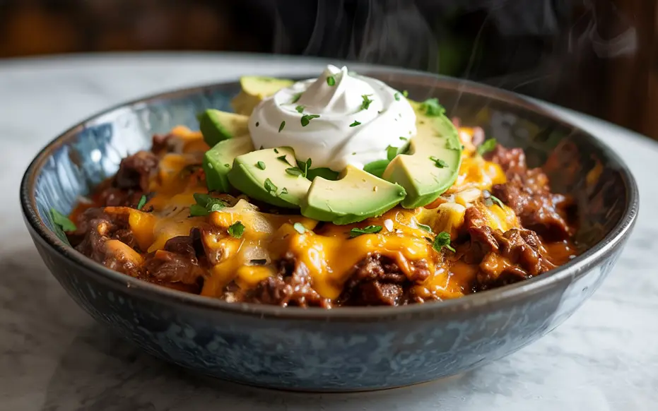 Served bowl of slow cooker protein-rich casserole with toppings