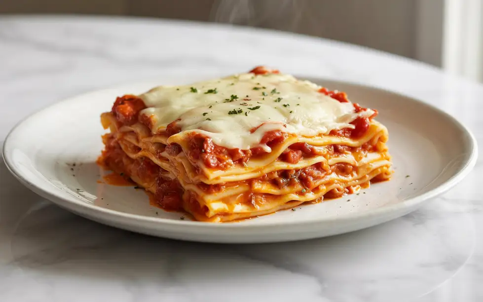 Cheesy lasagna sheets recipe served with salad and garlic bread