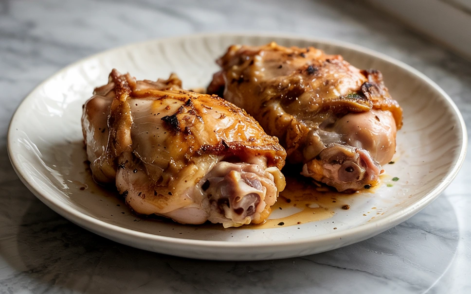 Golden brown air fryer chicken thighs served on a white plate